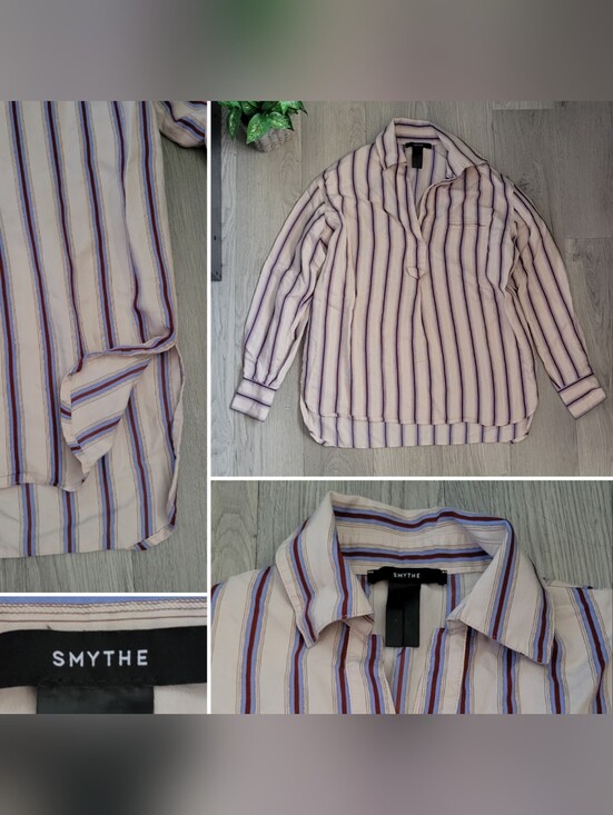 Smythe Tops - Smythe Over the Head Shirt Ecru Banker Striped Cream & Blue Blouse, Extra Large